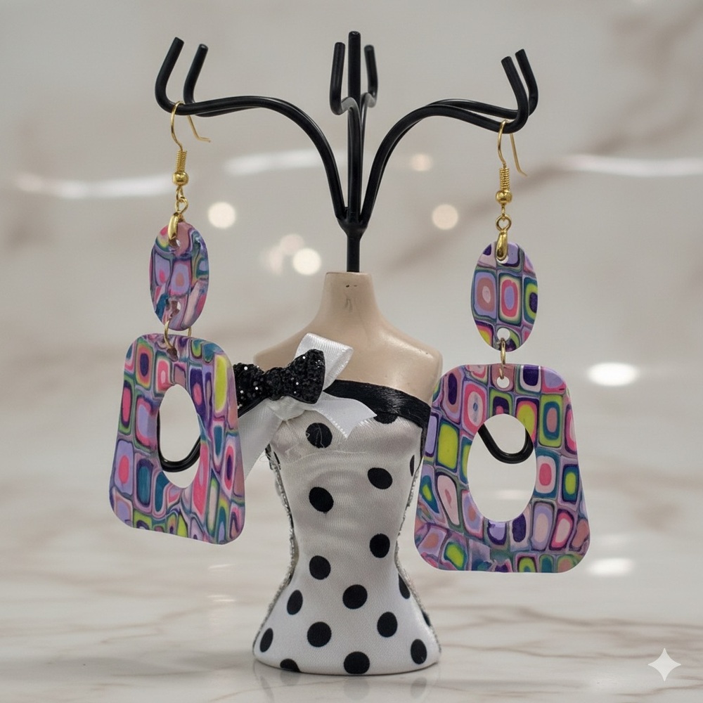 Handmade Geometric Dangle Earrings –Bold, Artsy, Handmade Polymer Clay Host Pick - Picture 5 of 15